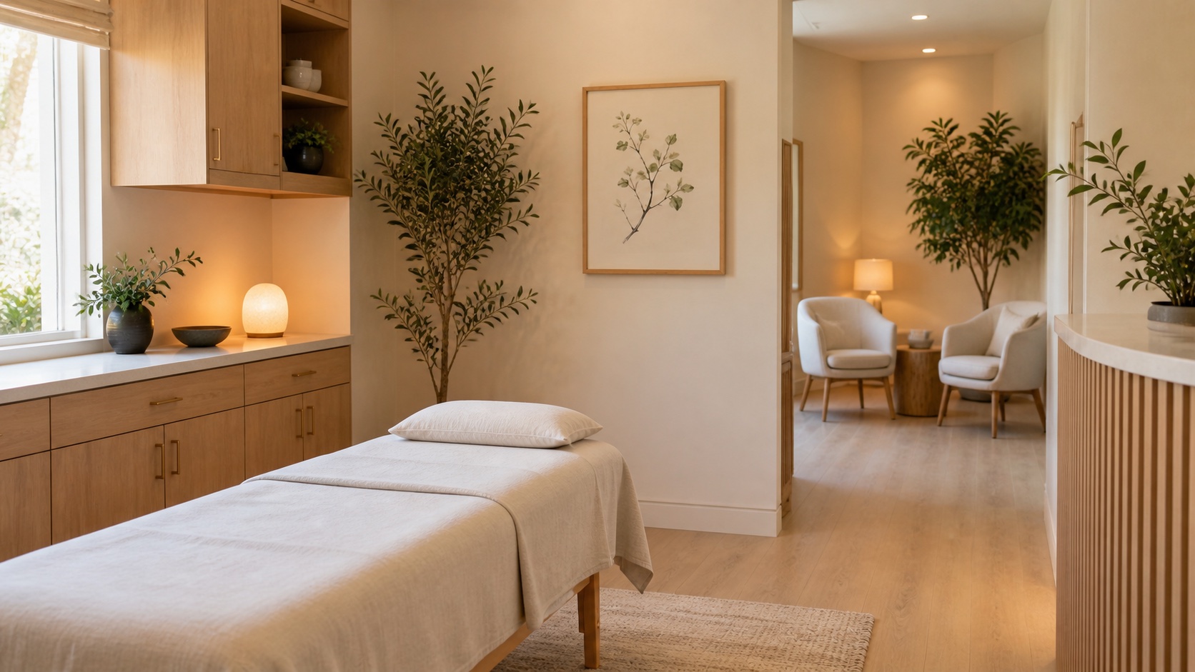 Calm, photorealistic Rejuvenate Acupuncture Center treatment room